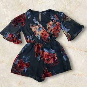 Love Reign Sheer Velvet Floral Black Romper Surplice Neckline Sz M‎